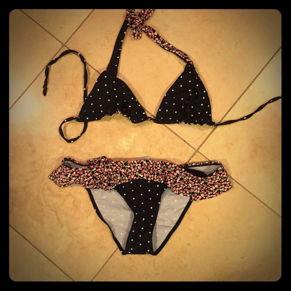 Used black pink floral polka dots bikini